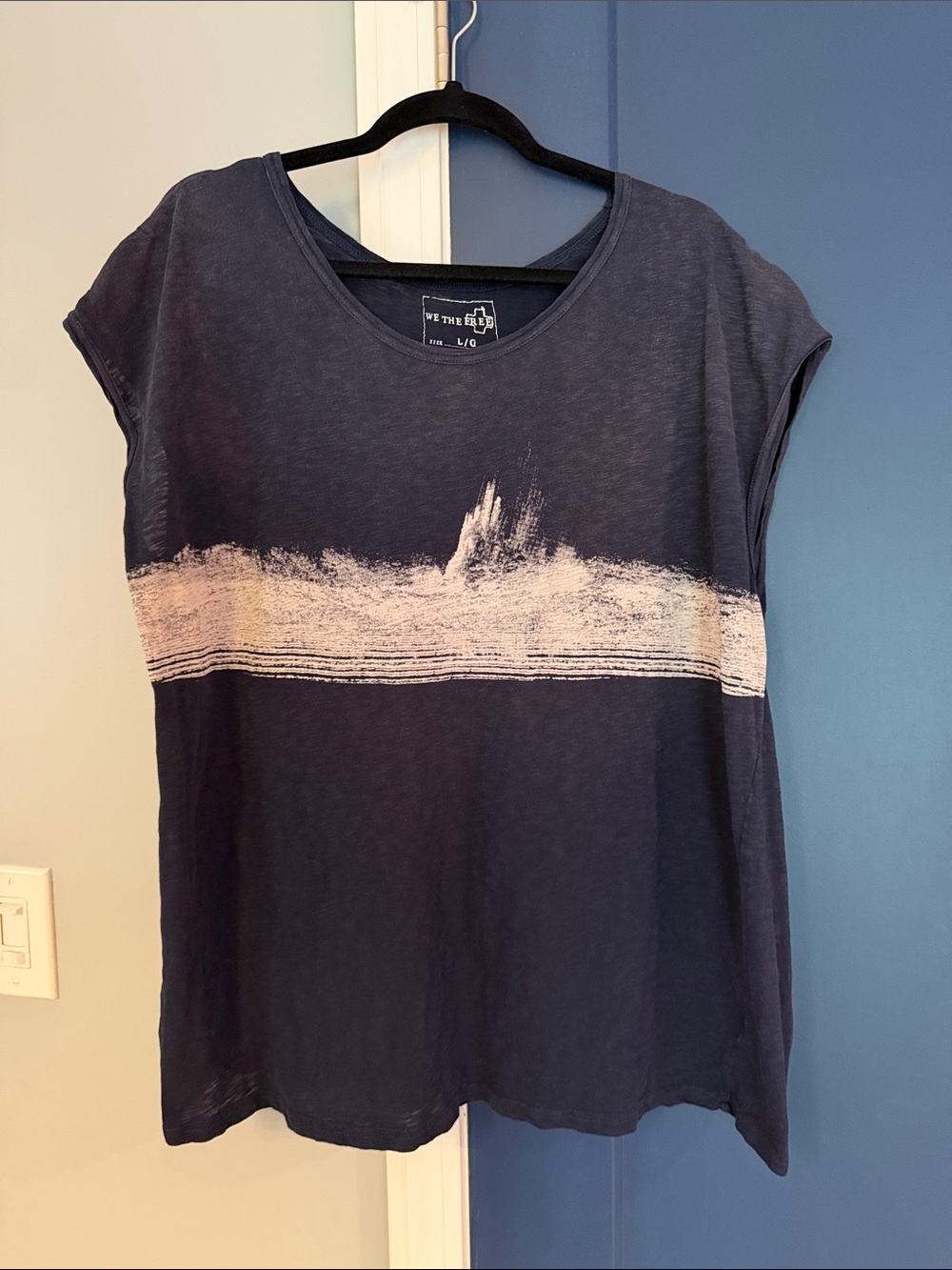 We The Free Navy Tee with Distressed White Stripe free people oversized top